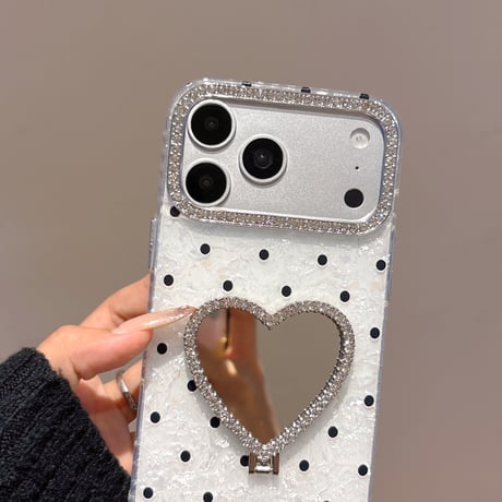 ハート型鏡スタンド iPhone17Pro/17ケース 水玉模様 iPhone16Pro/15/14ース 可愛い 実用品 キラキラダイヤデコ[M6426]