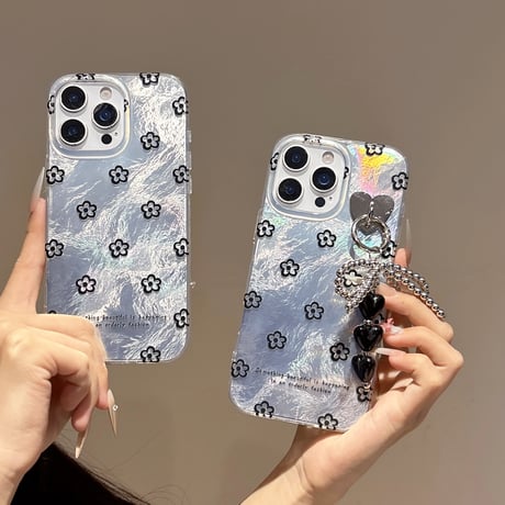 韓国風 iPhone16pro/16ケース 艶感花柄 iphone15pro/14/13proカバー ハートバックチャーム 大人可愛い[M5388]
