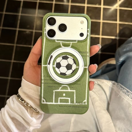 サッカーボール柄 iPhone17ProMax/17Proケース MagSafeリングスタンド  iPhone16Pro/15Proケース 便利 グリーン[M6538]