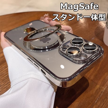 MagSafeスタンド一体型 iPhone15Pro/15ProMaxケース カメラ保護 クリアiPhone14pro/13Proケース メッキ 黄ばまない 色剥げない[M3617]