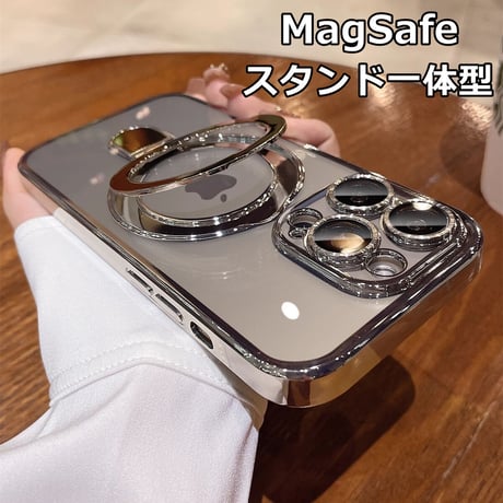 MagSafeスタンド一体型 iPhone16Pro/15ProMaxケース カメラ保護 クリアiPhone14pro/13Proケース メッキ 黄ばまない 色剥げない[M3617]