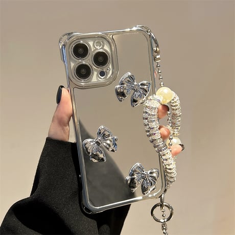 リボン付鏡 iPhone16/16proケース バックチャーム/ショルダーストラップ付 iPhone15pro/14/13カバー  人気アイテム[M5427]