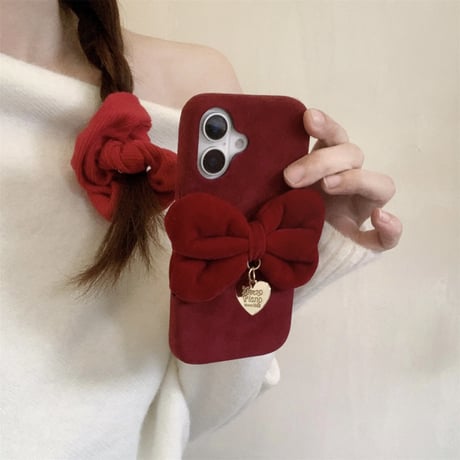 リボン iphone16Pro/15ケース ワインレッド パイル織物 iPhone14pro/13/12/11カバー  秋冬アイテム 女子力UP 頑丈[M4890]