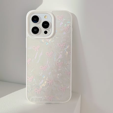 シェル風 iPhone15/15proケース パールリボン柄 iPhone14/13pro/12カバー ストラップ付 女子力アップ[M4524]