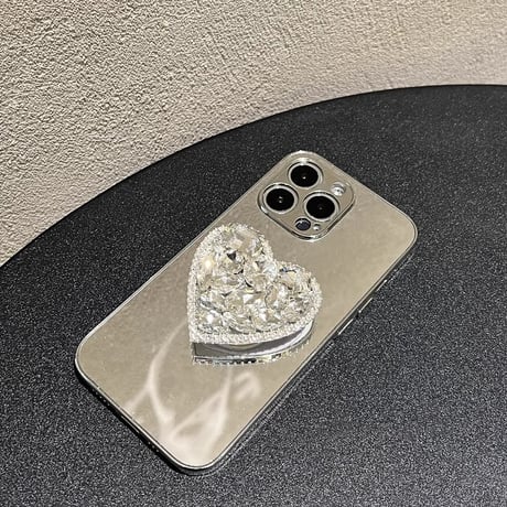 ハートダイヤグリップ iPhone15/15proケース  ミラー iPhone14/13pro/12ケース 女子力アップ オシャレ 便利[M3906]