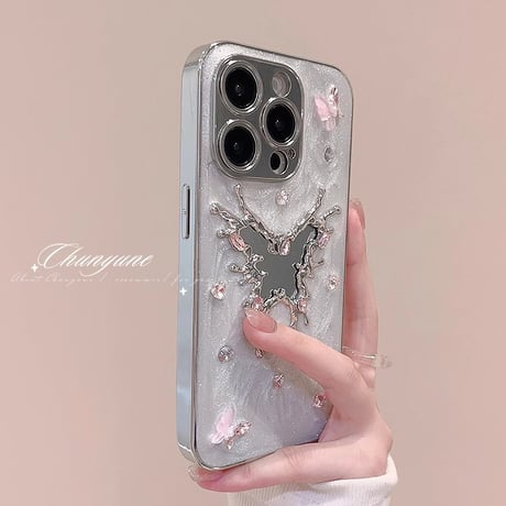 蝶ミラー iPhone16Pro/16ケース 宝石デコ iPhone15pro/14/13/12カバー カメラ保護 おしゃれ [M4710]