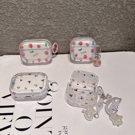 ピーチ/ハート柄 AirpodsPro3ケース  クリア Airpods4/3カバー pro2/Pro1ケース 可愛い 甘めコーデ[M6473]
