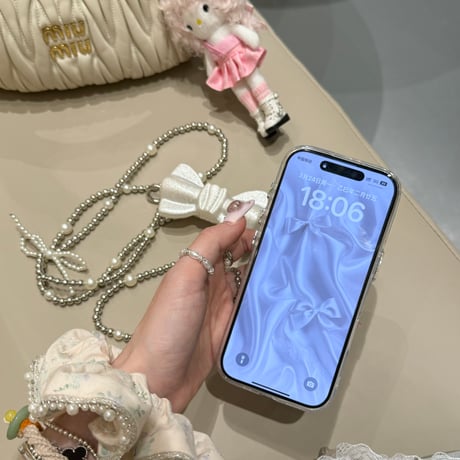 リボンショルダーチェーン iPhone16pro/16ケース ハートダイヤ iPhone15/14pro/13promaxカバー 女子力高い 多機能便利 [M5189]