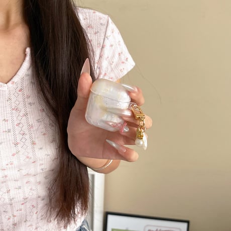 ピンクシェル調 Airpods4ケース パールキーチェーン付 AirpodsPro2ケース airpods3/2カバー  かわいい 女子力高い 美しい [M5377]