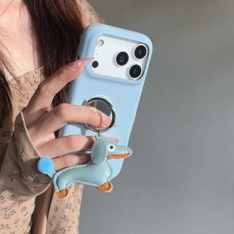 犬ちゃんリング付 iPhone17Pro/17ケース 高級感 レザー製 iPhone17promax/16pro/15カバー 上品 便利 可愛い スタンド [M5932]