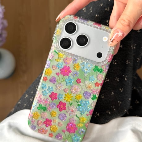 キラキラ花柄 iPhone17Pro/17ケース きれい iPhone17Promax/16Pro/15ケース かわいい 光沢感 春夏コーデ[M6197]