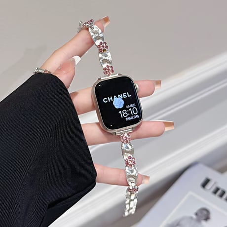 高級感花 Applewatchバンド ストーンデコ きれいアップルウォッチバンド Ultra2/1/SE2/1/Series9/8/7/6/5 ガールズファッション[M5312]