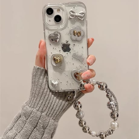 リボン/ハートデコ iPhone15/16proケース ストラップ付 グリッター入り iPhone14/13pro/12ケース  かわいい キラキラ[M3867]