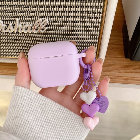 ラベンダー色 Airpods４ケース 充電口カバー付 Airpods3/pro2カバー ハートキーチェーン付 シリコン 丈夫[M5198]