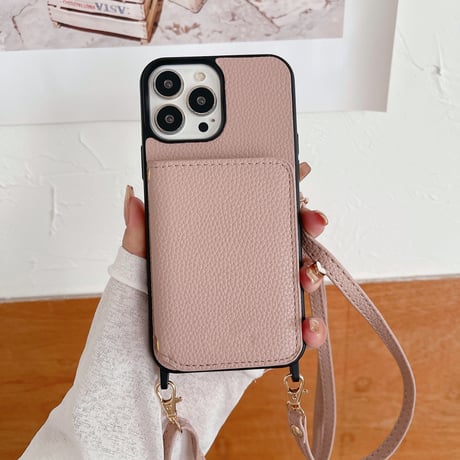 財布付き iPhone15/14proケース カード/お札収納 アイフォン13/12/11proケース 長さ調整可ストラップ レザー製 高品質[M3386]