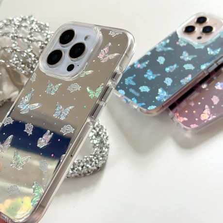 鏡付き蝶々 iPhone16pro/16ケース キラキラ 艶感 iPhone15promax/14/13proカバー 夏コーデにおすすめ [M5307]