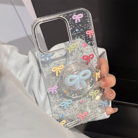 大人可愛い iPhone16/16proケース リボン グリップ付き iPhone14/13pro/12proカバー ラメ入り キラキラ[M5164]