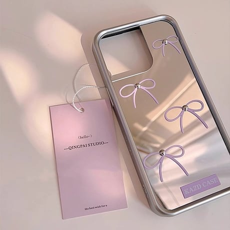 鏡付 リボン iPhone15/15proケース  女子力UP ラベンダー iPhone14/13pro/12ケース かわいい 韓国風 高級感[M4269]