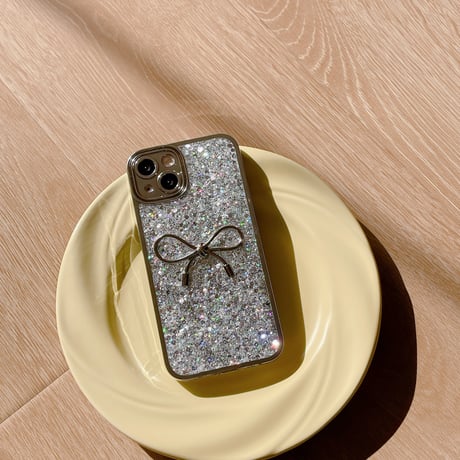 リボン iPhone15/15proカバー キラキラグリッター iPhone14/13pro/12ケース 女子力アップ シルバーコーデ[M3896]