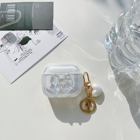【Airpods4】キラキラリボン AirpodsPro2ケース ハートアクセサリー付 airpods3/2/1ケース  かわいい 耐衝撃クリアケース ギフトにおすすめ[M3073]