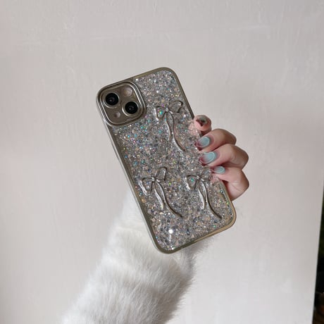 リボン iPhone15/15proケース キラキラグリッター入り iPhone14/13pro/12ケース 女子力アップ シルバー[M3891]