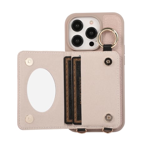 iPhone15/14proケース カード収納 鏡付き ショルダー付   エレガント セレブ愛用[M3472]