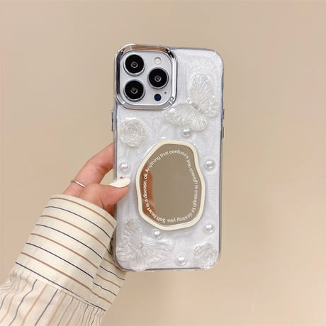 鏡付 アイフォン15/15プロ/15プラスケース 蝶/パール iPhone14/13pro/12ケース 可愛い 女子力アップ[M4496]