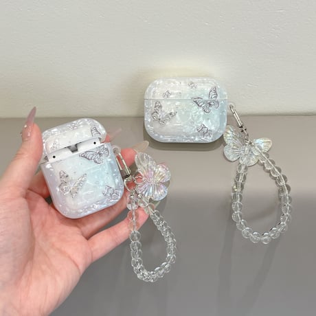 チョウ柄 Airpods4ケース シェル調 AirpodsPro2ケース airpods3/2ケース ストラップ付 ギフトにおすすめ[M5496]