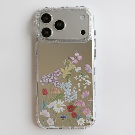 草花柄ミラー iPhone17Pro/17ケース きれい iPhone17Promax/16Pro/15ケース かわいい 光沢感 丈夫[M6192]