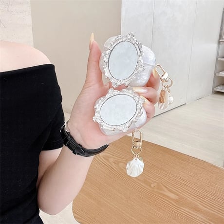 ミラー Airpods 4ケース パールチャーム付 シェル風 AirpodsPro2/Pro1 Airpods3/2カバー大人可愛い ギフトにおすすめ [M4763]