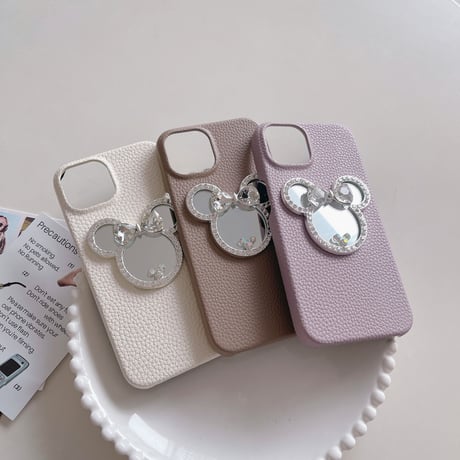 鏡付きレザー iPhone15/14proケース ジュエリーデコアイフォン13/12/11proカバー 可愛い シンプル 実用[M3345]
