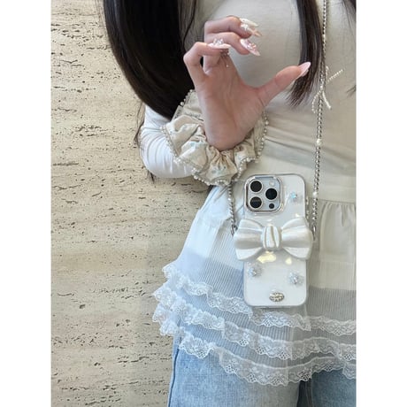 リボンショルダーチェーン iPhone16pro/16ケース ハートダイヤ iPhone15/14pro/13promaxカバー 女子力高い 多機能便利 [M5189]