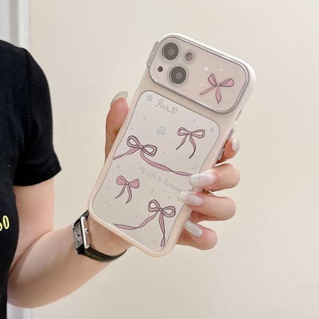 韓国風 鏡 iPhone15/15proケース リボン柄 アイフォン14/13pro/12ケース かわいい 女子力アップ[M4426]