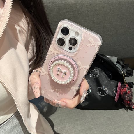 リボン柄 iPhone16pro/16ケース パールとリボングリップ マグネット iPhone15pro/14/13promaxケース かわいい 多機能 女子力UP [M5072]