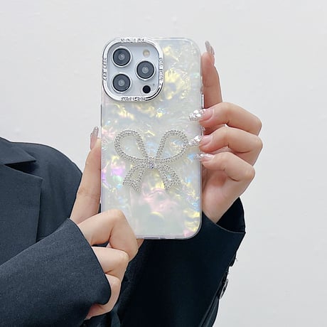 ジュエリーリボン iPhone15/15plusケース シェル風 キラキラiphone14/13/12proカバー 女子力アップ 可愛い[M3967]