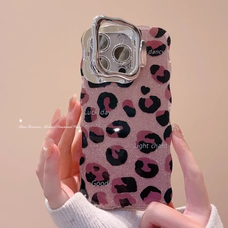 スタンド付ヒョウ柄 iPhone16/16proケース キラキラうねうね iphone15promax/14/13カバー おしゃれ 大人可愛い[M4940]