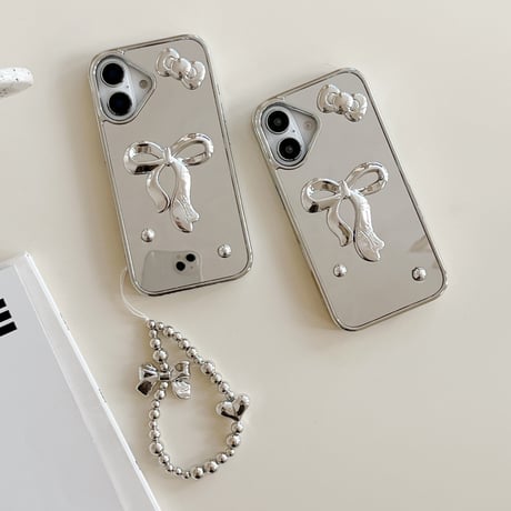 リボン ミラーiPhone16/16proカバー ストラップ付 iPhone15pro/14/13promaxケース かわいい メイク直し 女子力UP [M5088]