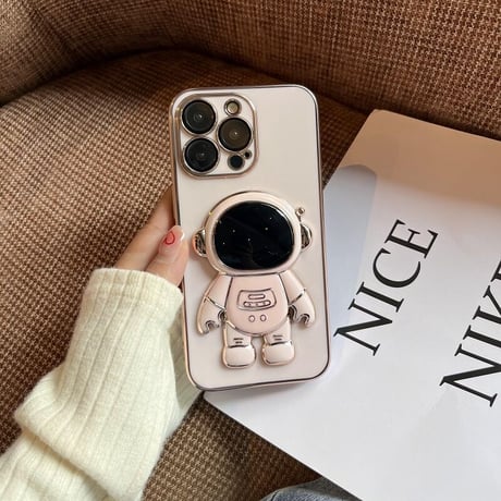 宇宙飛行士グリップ iphone14/13promaxケース ツヤ感金色枠 iphone12mini/SE3/11カバー  高級感  保護力強いソフトケース 落下防止 スタンド機能あり[M1982]