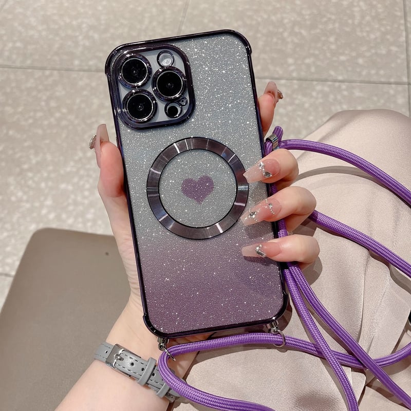 ショルダー iPhone16/15proケース MagSafe対応 ハート柄 キラキラ iph