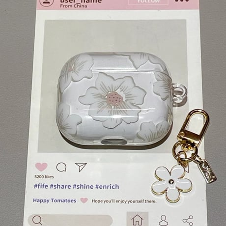春夏 Airpods4ケース 白花柄  Airpods3/Pro2ケース airpodspro2カバー  花キーチェーン付 女子力高い 淡色系[M5204]