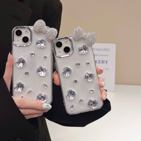 ダイヤリボン iPhone16/16proケース キラキラ iPhone15pro/14/13pro/12ケース ホワイト  きれい[M4647]
