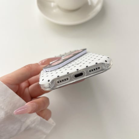 クマちゃんバンドエイドスタンド iPhone17/17Proケース 水玉模様 iPhone16Pro/15/14ケース 可愛い便利  [M6433]