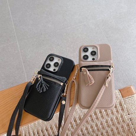 小銭入れ iPhone14/15proケース 淡色レザー高品質 アイフォン13/12proカバー 長さ調整可ストラップ フリンジ ファスナー 大容量 高級感[M3089]