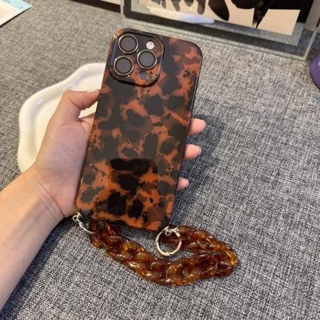 べっ甲 iPhone16Pro/16ケース チェーン付き iPhone15/14pro/13Pro/12ケース 質感ある 透明感 女子力アップ シック[M4835]