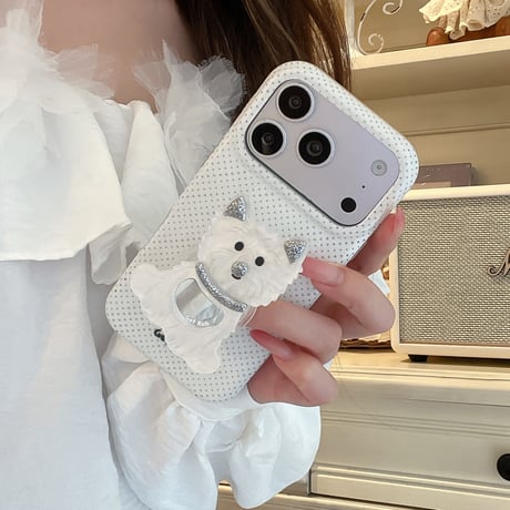 ミラー付犬ちゃんグリップ iPhone17Pro/17ケース 可愛すぎ iPhone16Pro/15ケース スタンド付き[M6331]