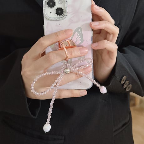 リボンスマホリング スタンド一体 女子力アップ  落下防止 オシャレ ギフトにおすすめ[M4089]