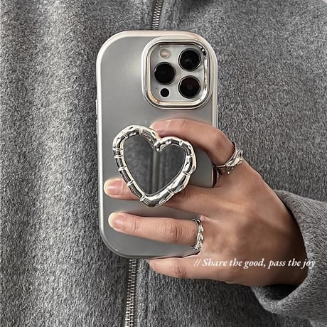 ハート鏡グリップ iphone15/15proケース  シルバー iphone13/14pro/12/11カバー  可愛い シック 便利 多機能[M3950]