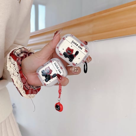cute cat AirpodsPro3ケース リボン柄 エアポッズ4/3  AirpodsPro2/Proカバー  リング/猫キーホルダー ギフトにおすすめ [M6015]