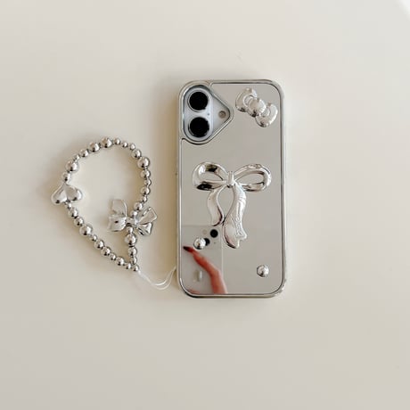 リボン ミラーiPhone16/16proカバー ストラップ付 iPhone15pro/14/13promaxケース かわいい メイク直し 女子力UP [M5088]