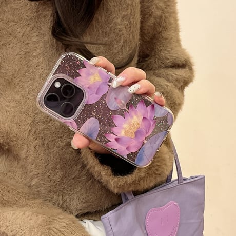 蓮の花 iphone16/16proカバー  綺麗ストラップ付 iphone15/14pro/13ケース 女子力アップ 耐久性ある[M4946]